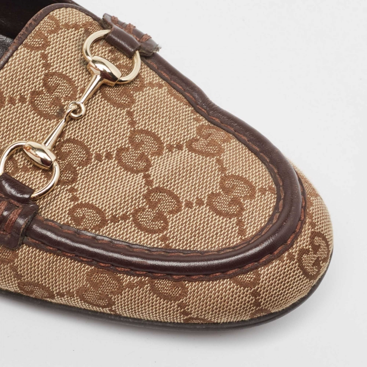 Pre Owned Gucci Brown Canvas and Leather Horsebit Loafers Size 40.5