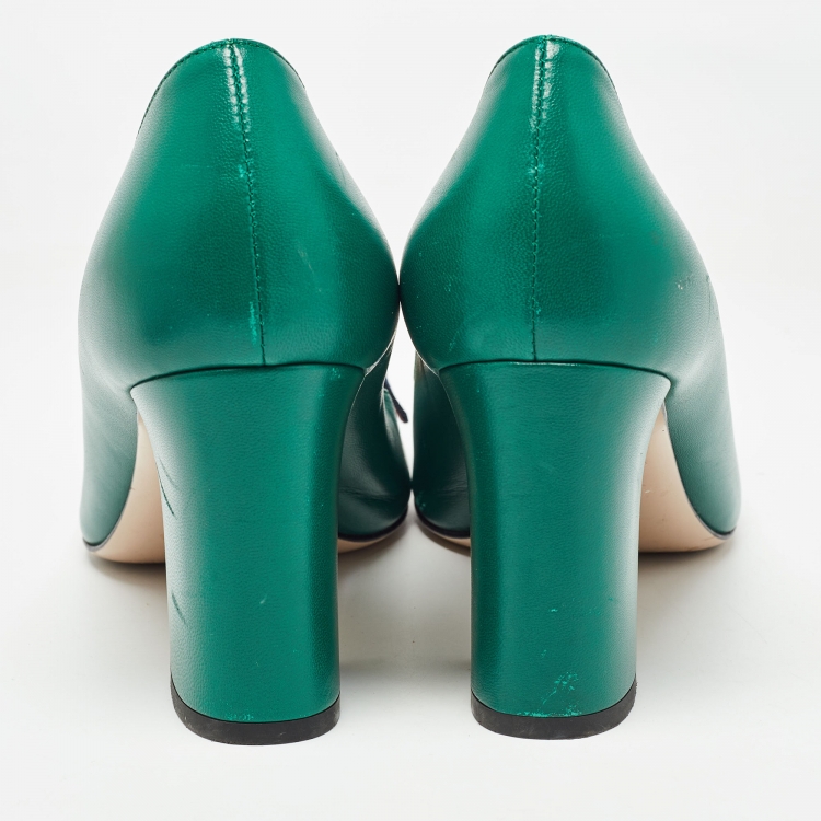 Pre Owned Gucci Green Leather Web Bow Flower Applique Pumps Size 40