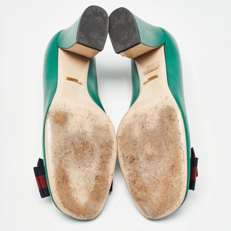 Pre Owned Gucci Green Leather Web Bow Flower Applique Pumps Size 40