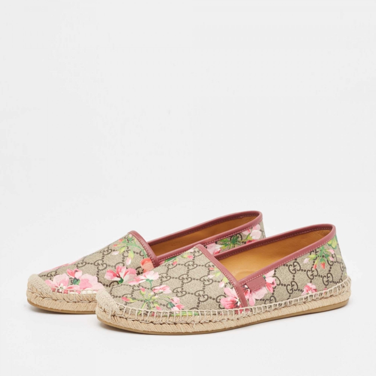 Pre Owned Gucci Beige/Brown GG Blooms Print Supreme Canvas Espadrille Flats Size 42