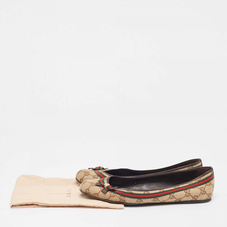 Pre Owned Gucci Brown/Beige GG Canvas Mayfair Bow Ballet Flats Size 39