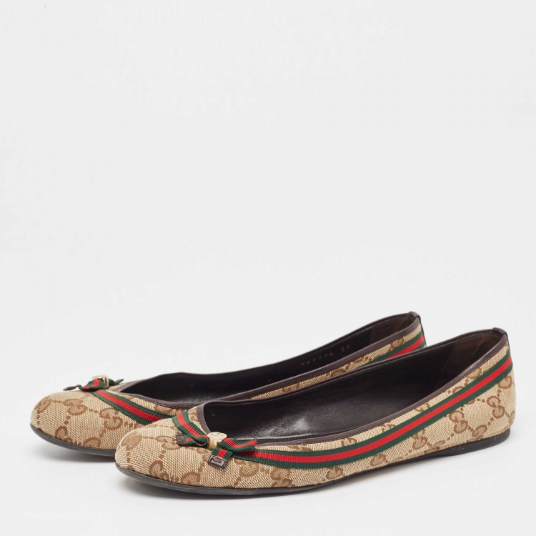 Pre Owned Gucci Brown/Beige GG Canvas Mayfair Bow Ballet Flats Size 39