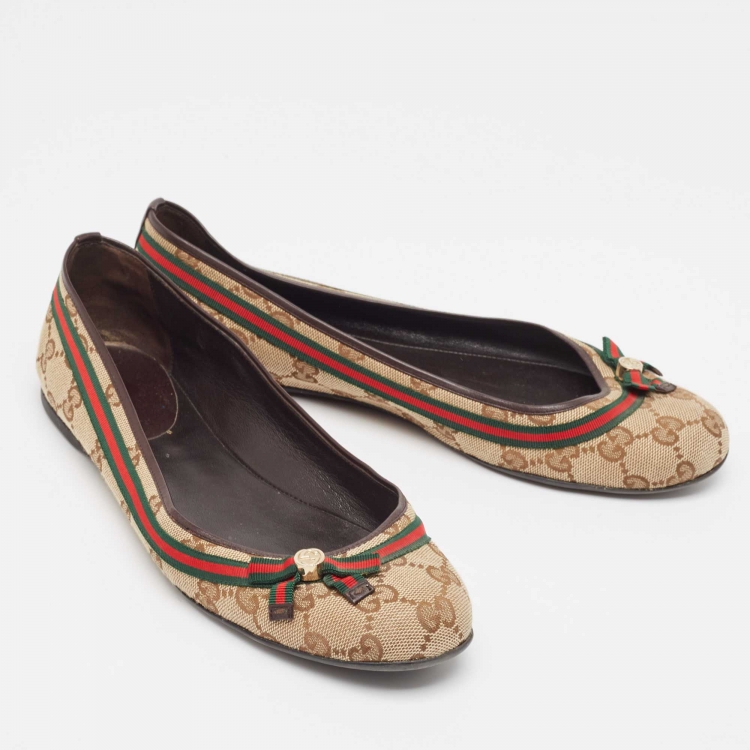 Pre Owned Gucci Brown/Beige GG Canvas Mayfair Bow Ballet Flats Size 39