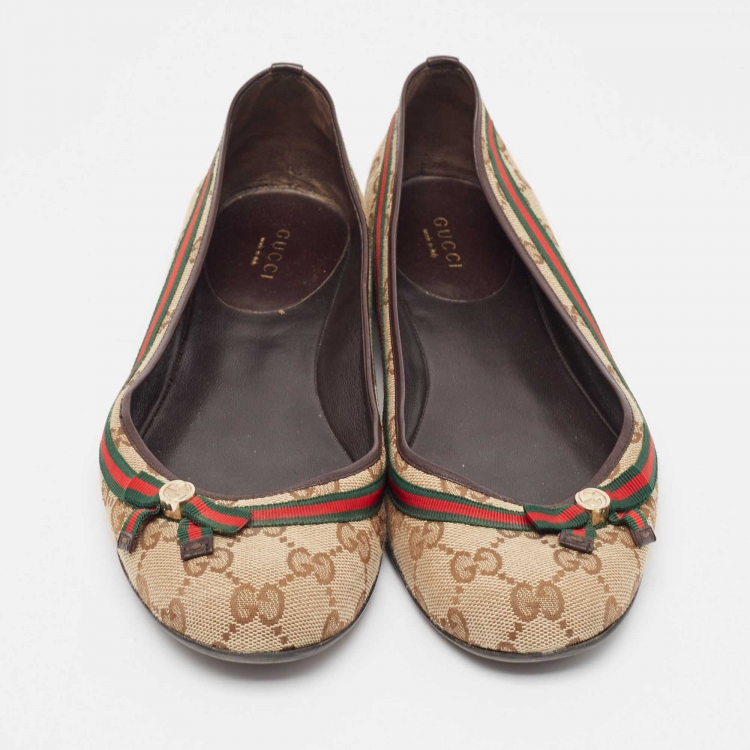 Pre Owned Gucci Brown/Beige GG Canvas Mayfair Bow Ballet Flats Size 39