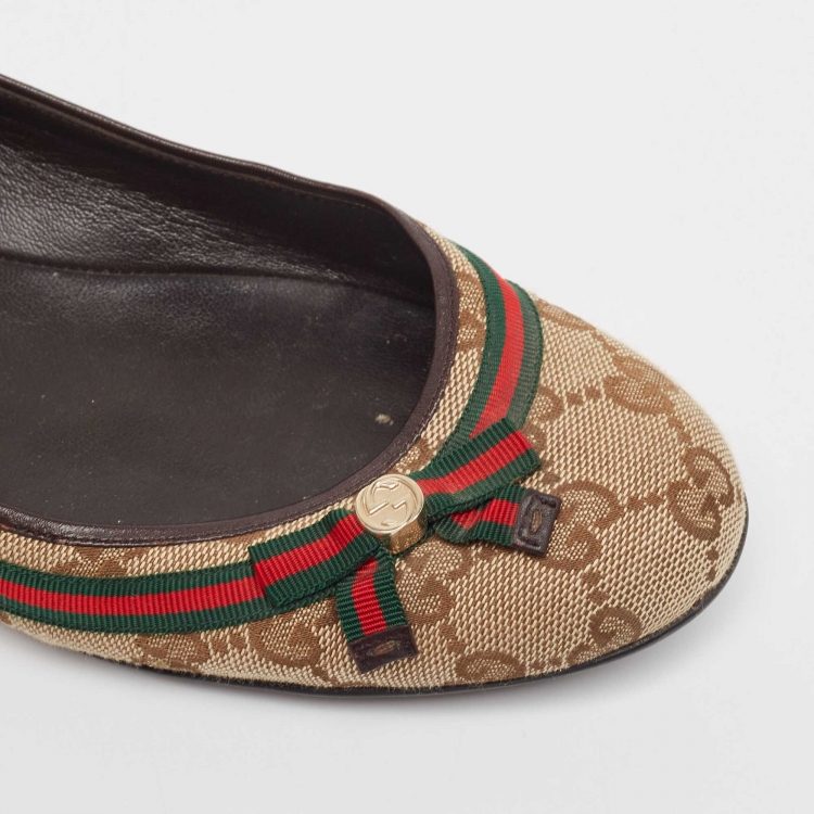 Pre Owned Gucci Brown/Beige GG Canvas Mayfair Bow Ballet Flats Size 39