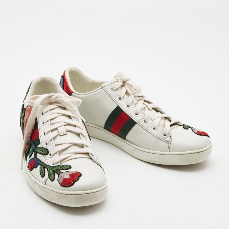 Pre Owned Gucci White Leather Floral Embroidered Ace Sneakers Size 39.5