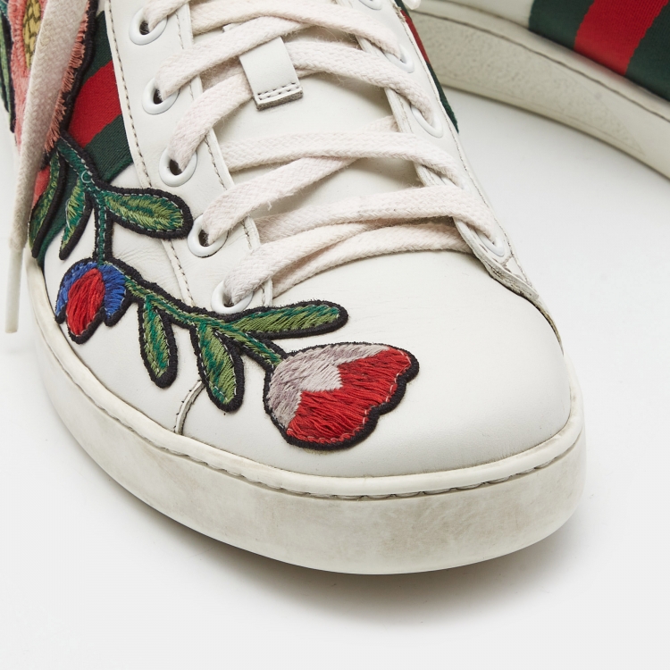 Pre Owned Gucci White Leather Floral Embroidered Ace Sneakers Size 39.5