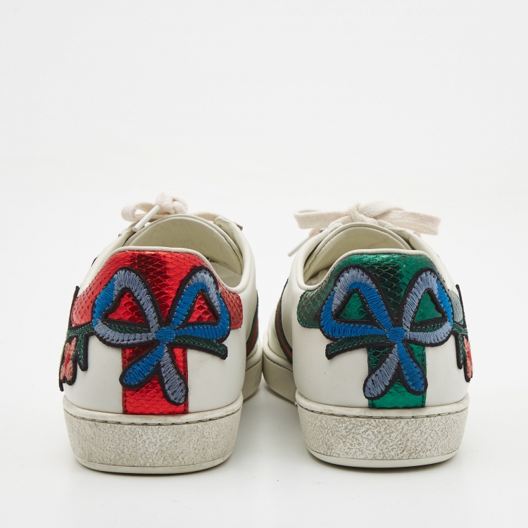 Pre Owned Gucci White Leather Floral Embroidered Ace Sneakers Size 39.5