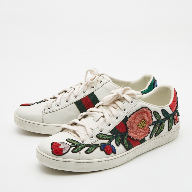 Pre Owned Gucci White Leather Floral Embroidered Ace Sneakers Size 39.5
