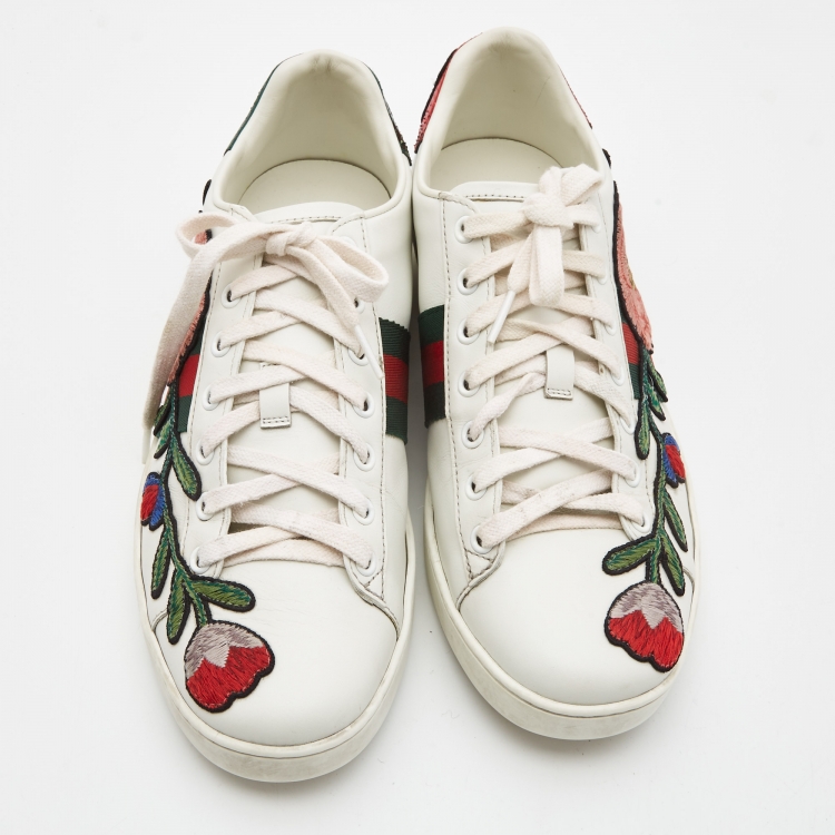 Pre Owned Gucci White Leather Floral Embroidered Ace Sneakers Size 39.5