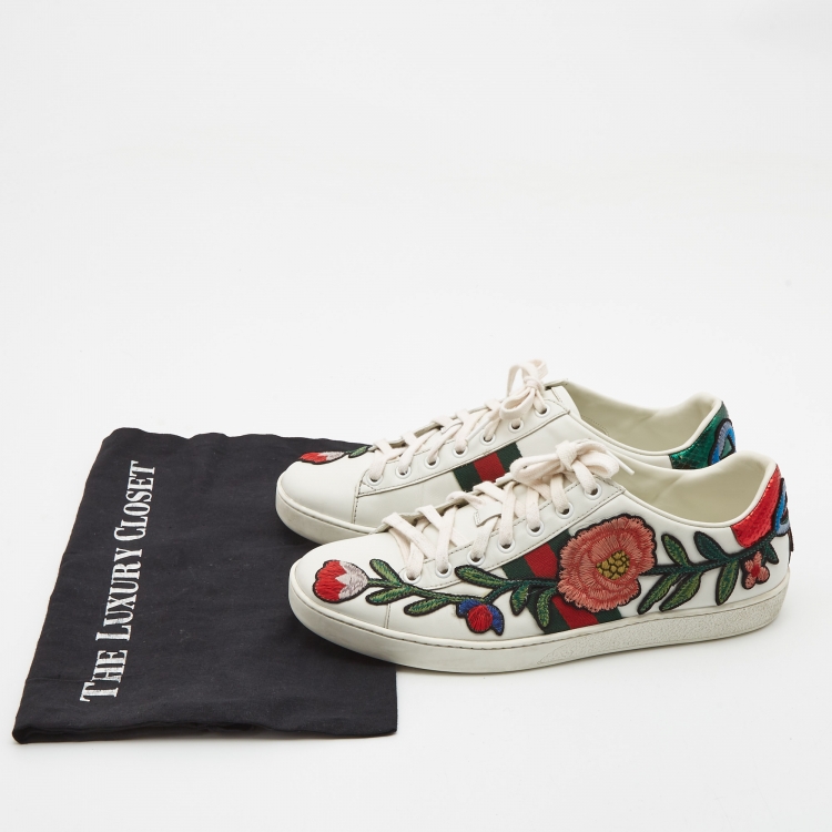 Pre Owned Gucci White Leather Floral Embroidered Ace Sneakers Size 39.5
