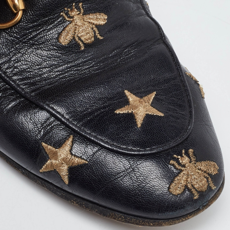 Pre Owned Gucci Black Leather Jordaan Embroidered Bee Horsebit Slip On Loafers Size 39