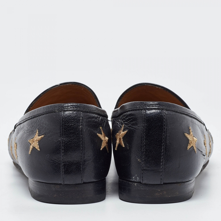 Pre Owned Gucci Black Leather Jordaan Embroidered Bee Horsebit Slip On Loafers Size 39