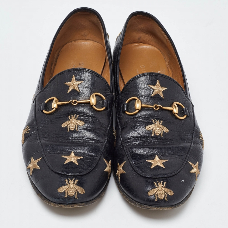 Pre Owned Gucci Black Leather Jordaan Embroidered Bee Horsebit Slip On Loafers Size 39