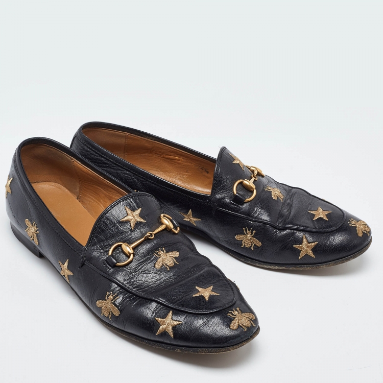 Pre Owned Gucci Black Leather Jordaan Embroidered Bee Horsebit Slip On Loafers Size 39