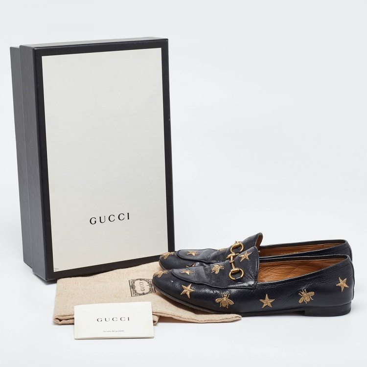Pre Owned Gucci Black Leather Jordaan Embroidered Bee Horsebit Slip On Loafers Size 39