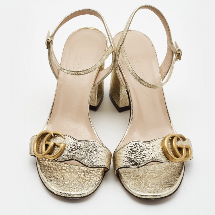 Pre Owned Gucci Gold Textured Leather GG Marmont Ankle Strap Sandals Size 35.5