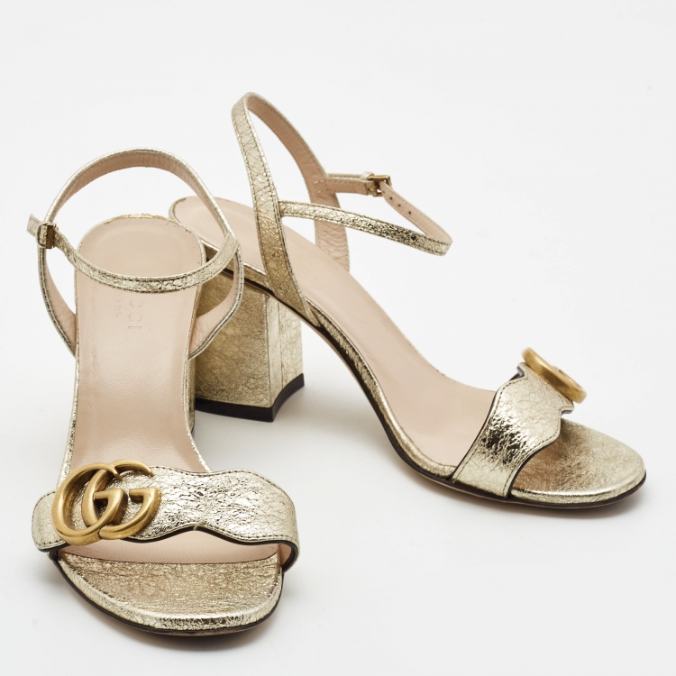 Pre Owned Gucci Gold Textured Leather GG Marmont Ankle Strap Sandals Size 35.5