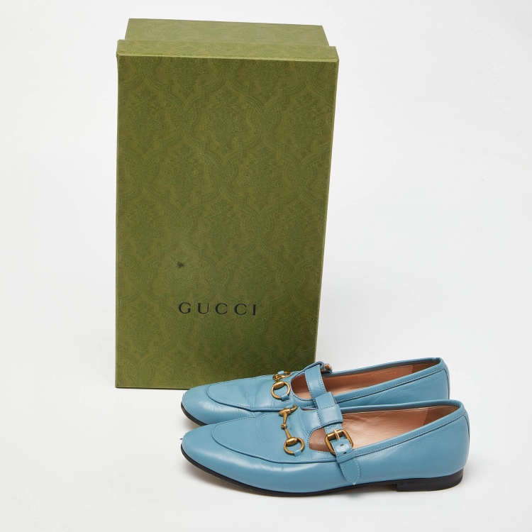 Pre Owned Gucci Blue Leather Horsebit T-Bar Loafers Size 39.5