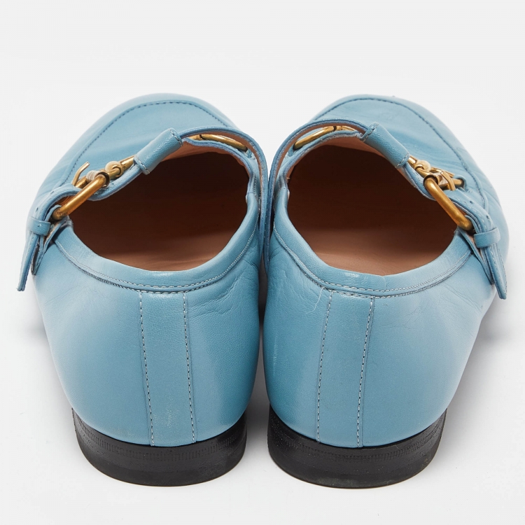 Pre Owned Gucci Blue Leather Horsebit T-Bar Loafers Size 39.5