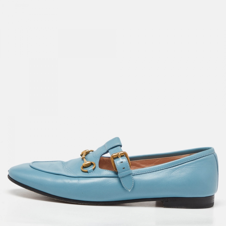 Pre Owned Gucci Blue Leather Horsebit T-Bar Loafers Size 39.5