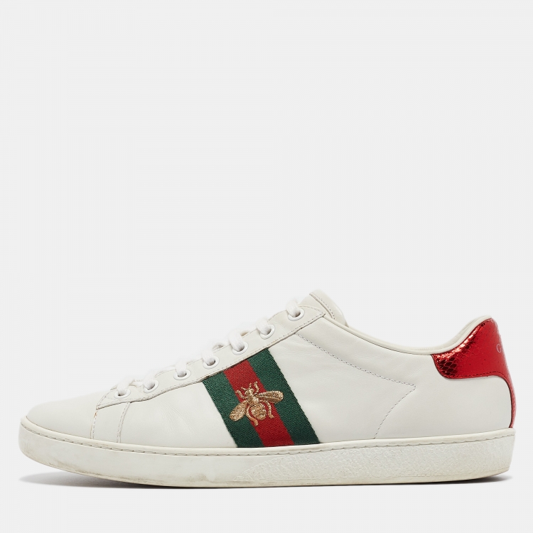 Pre Owned Gucci White Leather Bee Embroidered Ace Sneakers Size 38.5