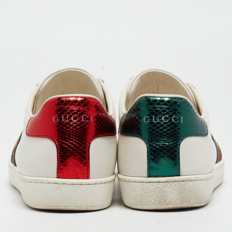 Pre Owned Gucci White Leather Bee Embroidered Ace Sneakers Size 38.5