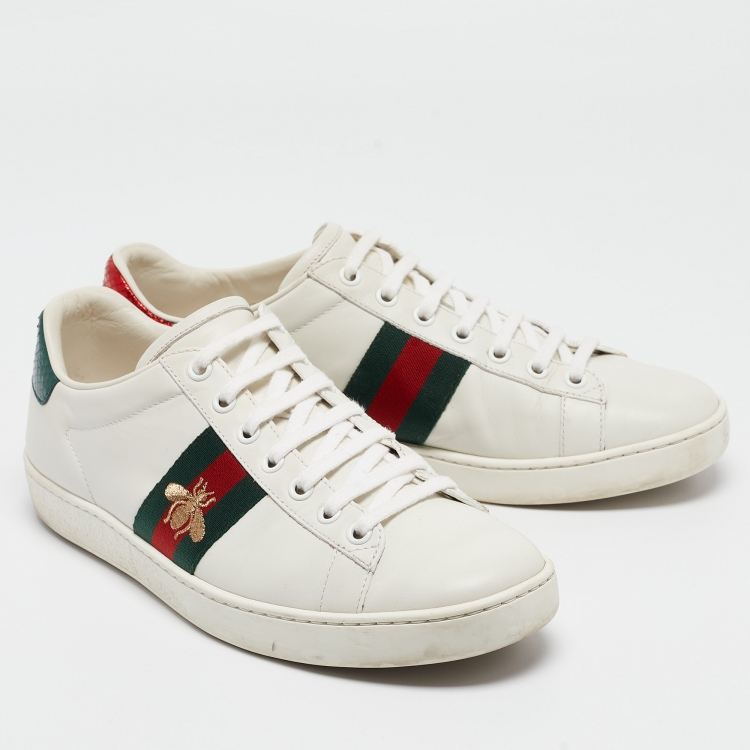 Pre Owned Gucci White Leather Bee Embroidered Ace Sneakers Size 38.5