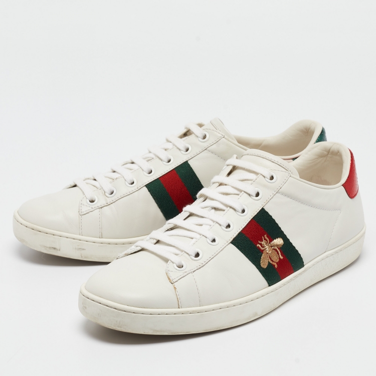 Pre Owned Gucci White Leather Bee Embroidered Ace Sneakers Size 38.5