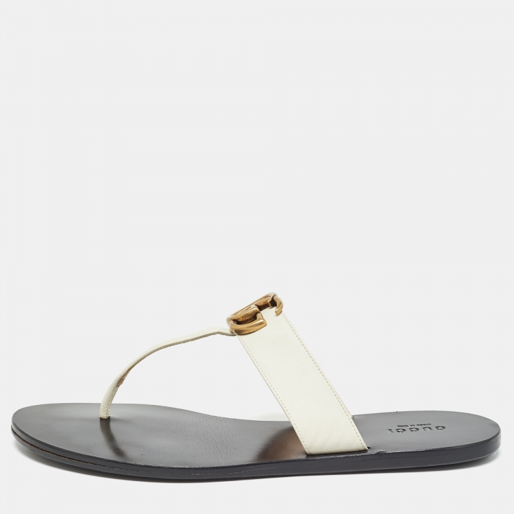Pre Owned Gucci White Leather GG Marmont Thong Flats Size 39