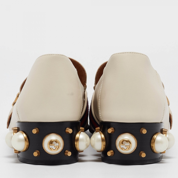 Pre Owned Gucci Off White Leather Web GG Marmont Faux Pearl Embellished Heel Slip On Loafers Size 41