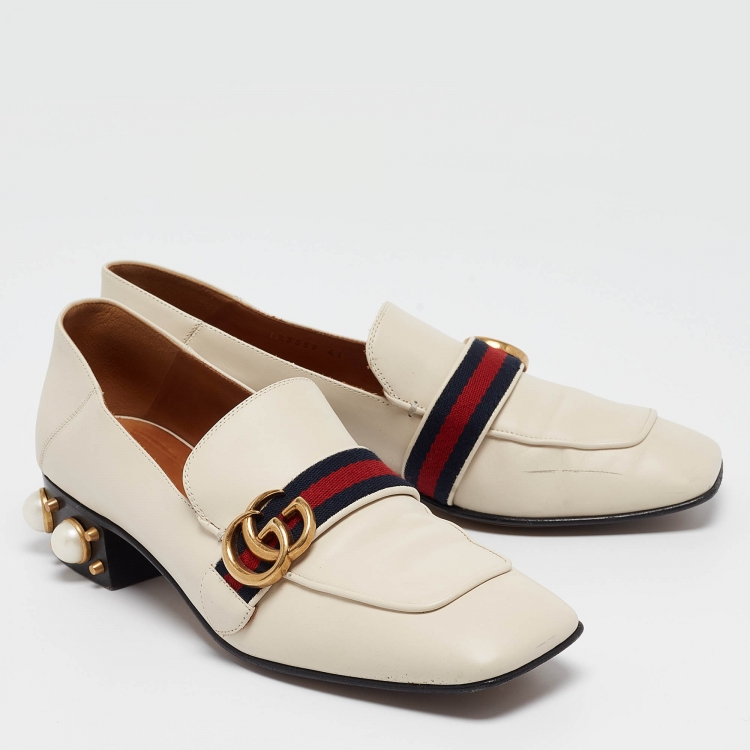 Pre Owned Gucci Off White Leather Web GG Marmont Faux Pearl Embellished Heel Slip On Loafers Size 41
