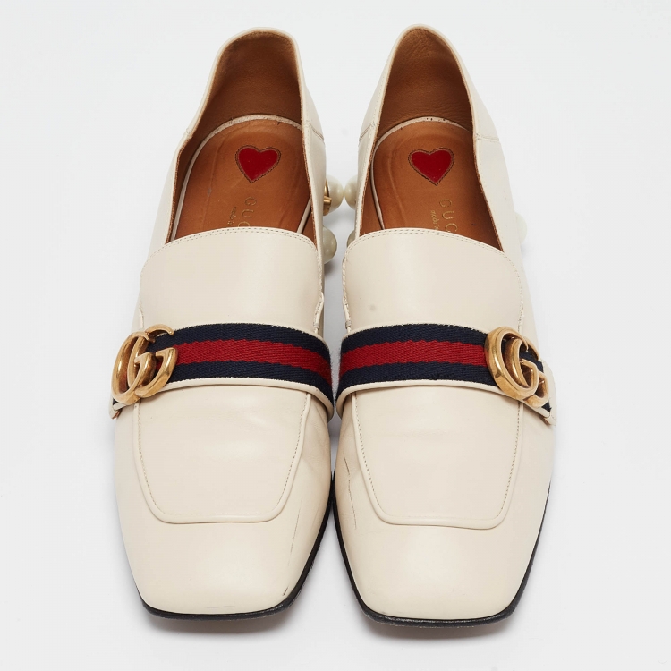 Pre Owned Gucci Off White Leather Web GG Marmont Faux Pearl Embellished Heel Slip On Loafers Size 41