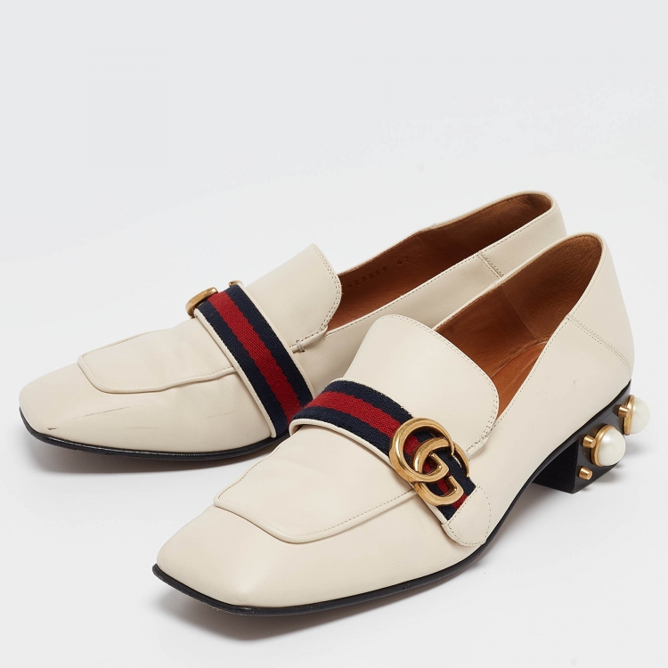 Pre Owned Gucci Off White Leather Web GG Marmont Faux Pearl Embellished Heel Slip On Loafers Size 41