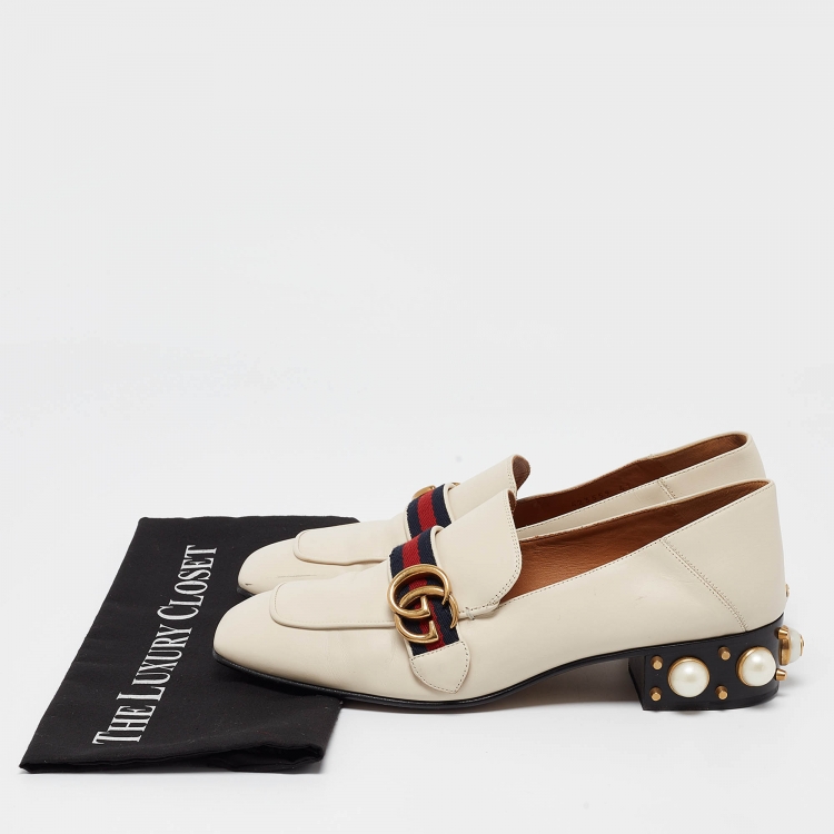 Pre Owned Gucci Off White Leather Web GG Marmont Faux Pearl Embellished Heel Slip On Loafers Size 41