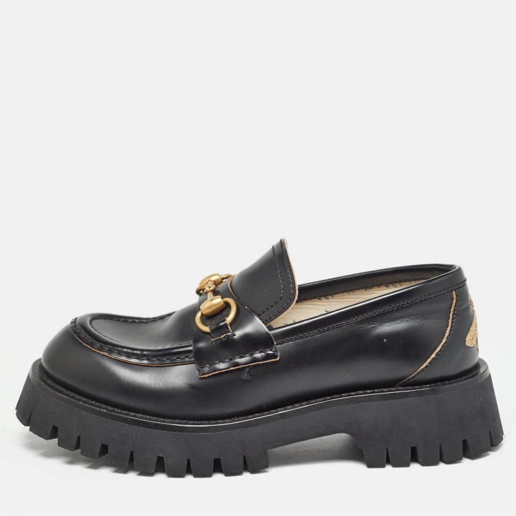 Pre Owned Gucci Black Leather Horsebit Loafers Size 36.5