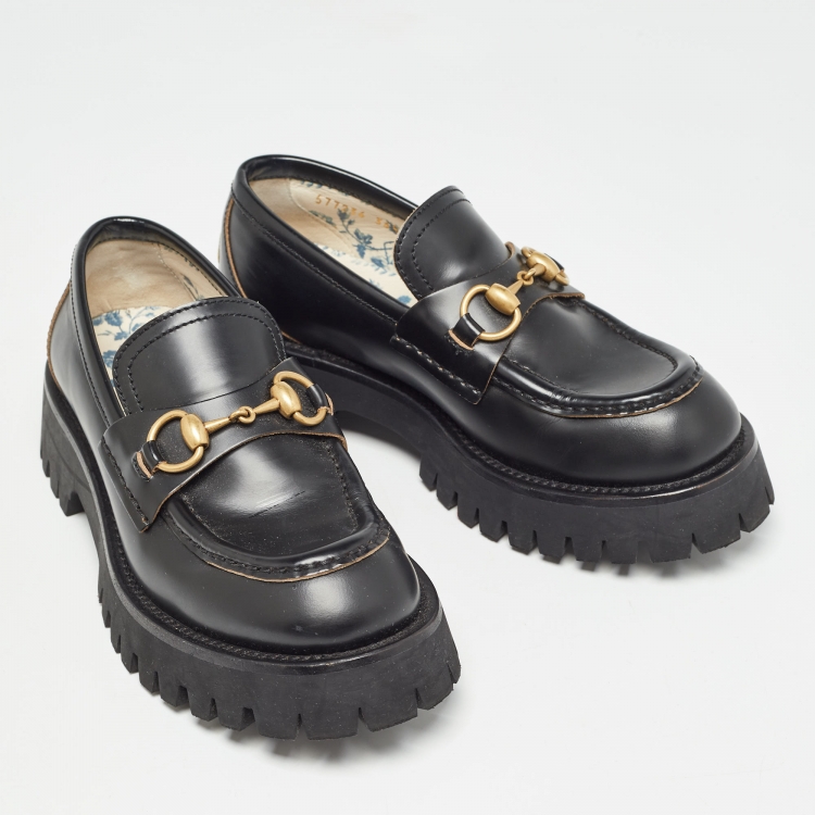 Pre Owned Gucci Black Leather Horsebit Loafers Size 36.5