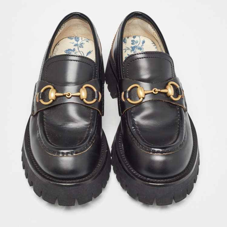 Pre Owned Gucci Black Leather Horsebit Loafers Size 36.5