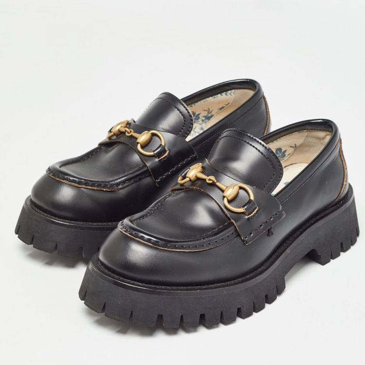 Pre Owned Gucci Black Leather Horsebit Loafers Size 36.5