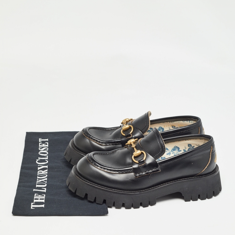 Pre Owned Gucci Black Leather Horsebit Loafers Size 36.5