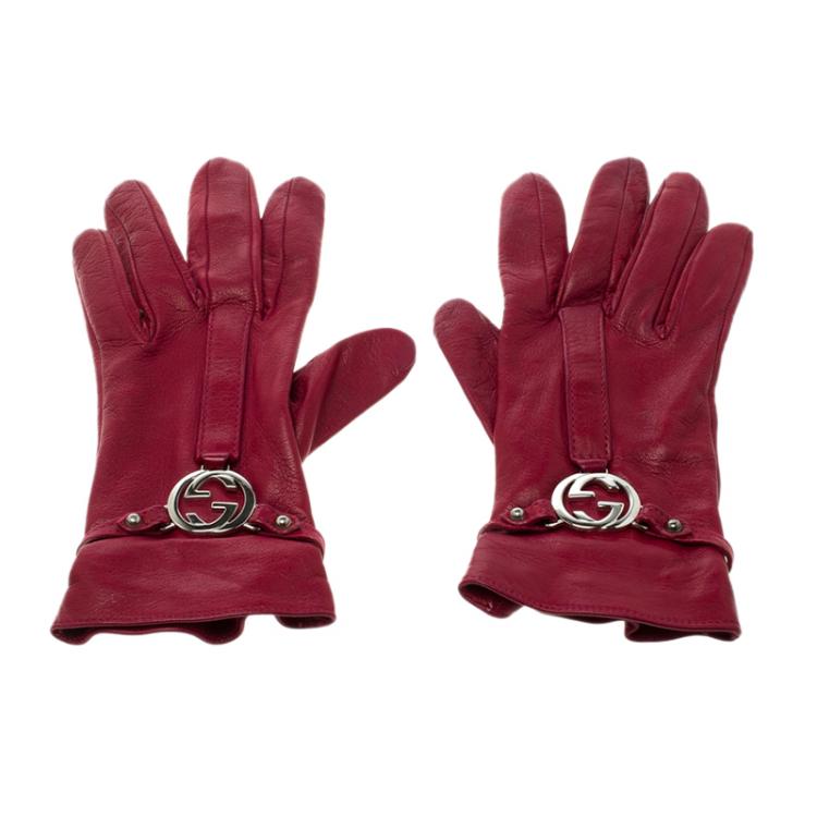 Pre Owned Gucci Red Leather Interlocking GG Gloves 6 1/2