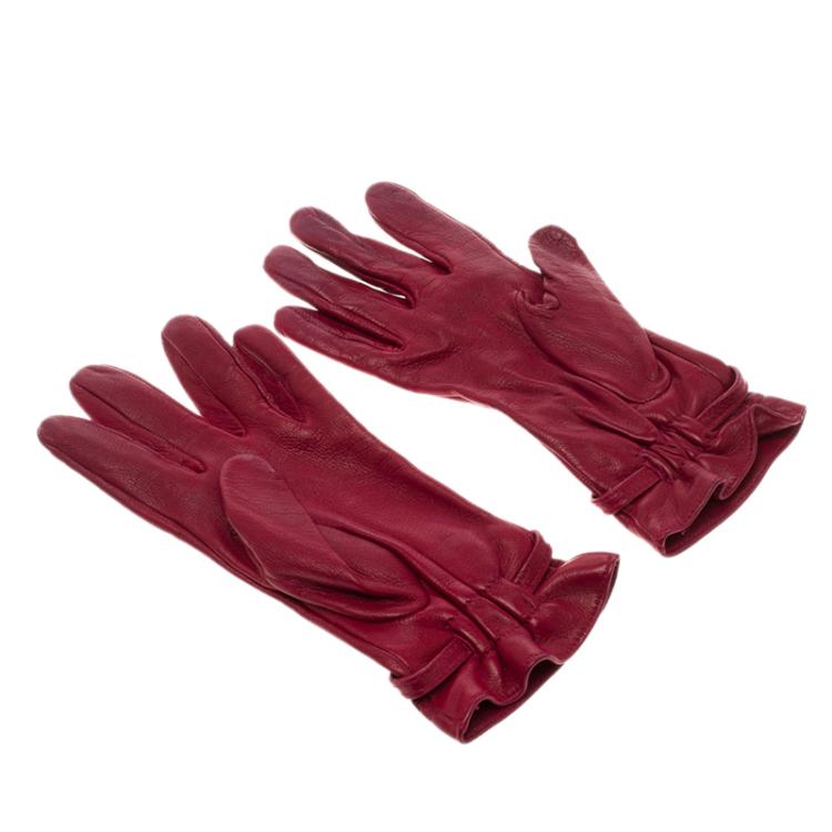 Pre Owned Gucci Red Leather Interlocking GG Gloves 6 1/2