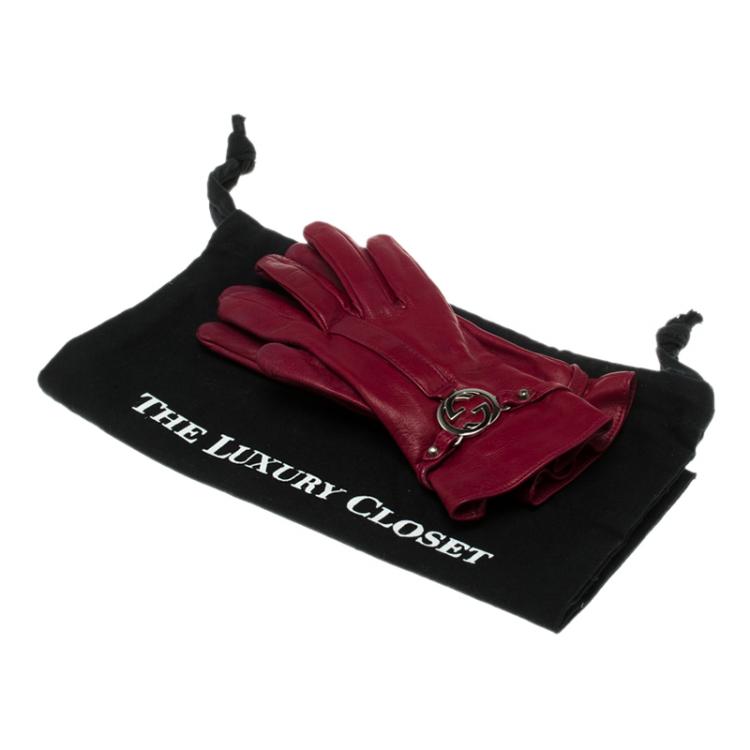 Pre Owned Gucci Red Leather Interlocking GG Gloves 6 1/2