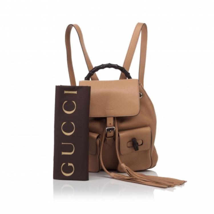 Pre Owned Gucci Brown Pebbled Leather Bamboo Backpack