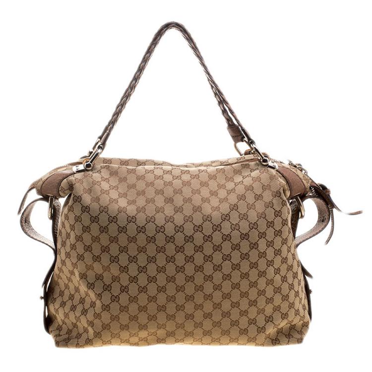 Pre Owned Gucci Beige GG Canvas Large Bamboo Bar Travel Bag