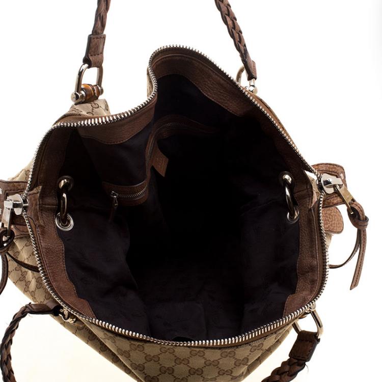 Pre Owned Gucci Beige GG Canvas Large Bamboo Bar Travel Bag