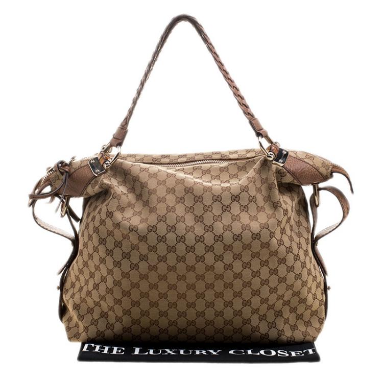 Pre Owned Gucci Beige GG Canvas Large Bamboo Bar Travel Bag
