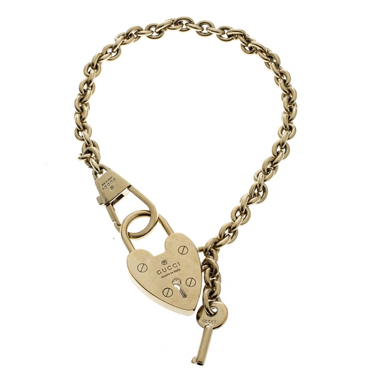 Pre Owned Gucci Heart Lock & Key Gold Tone Bag Charm
