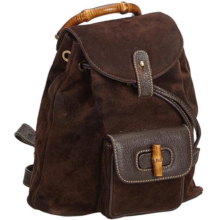 مملوكة مسبقًا Gucci Dark Bamboo Suede Drawstring Backpack