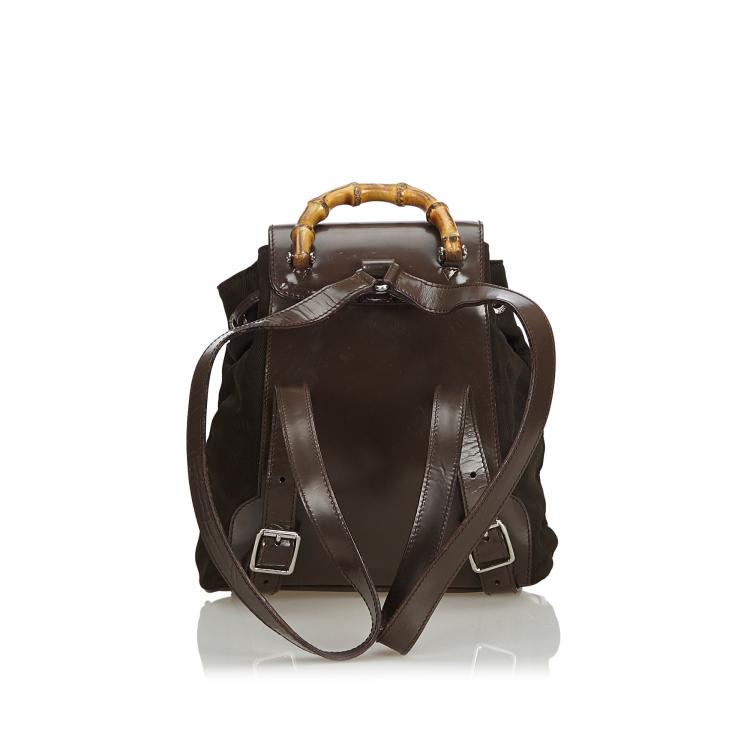 مملوكة مسبقًا Gucci Brown Nylon Bamboo Backpack